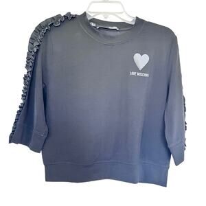 Love Moschino Black Ruffled Heart Logo 3/4 Sleeve Crewneck Crop Top Size 8